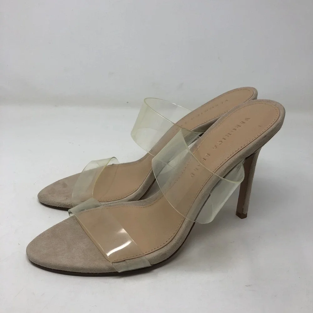Veronica Beard Asha Sandals Womens 7.5 Tan Suede Clear PVC Double Strap Stiletto